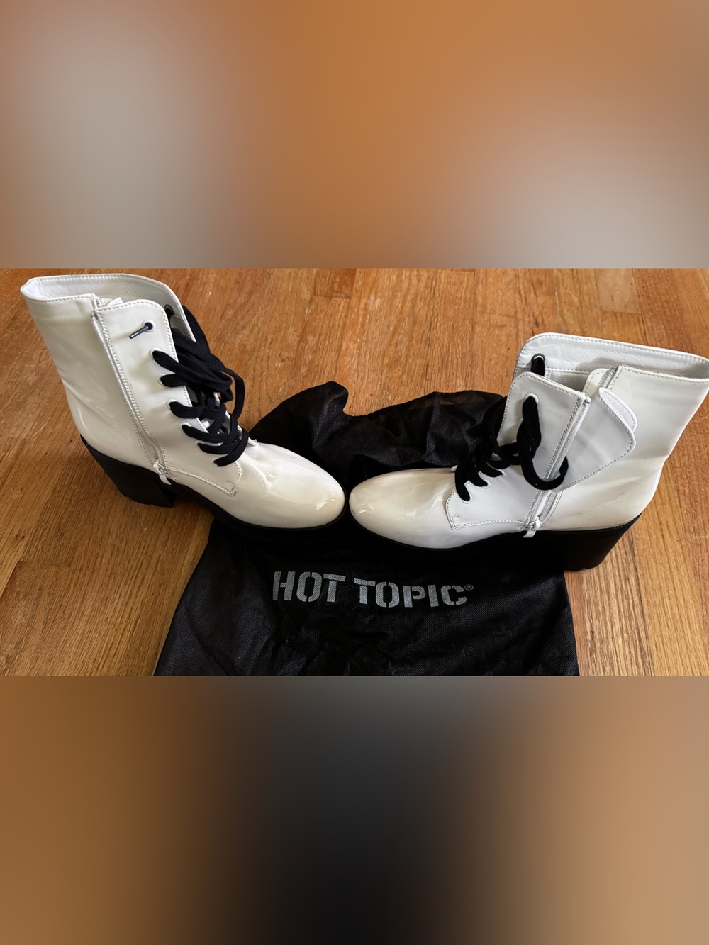 Hot Topic White Patent Lace-Up Platform Boots with Black Laces